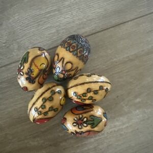 5 PCs Arts Crafts Hand Made Wooden Eggs pyrography‎ Wood Burning Easter Eggs